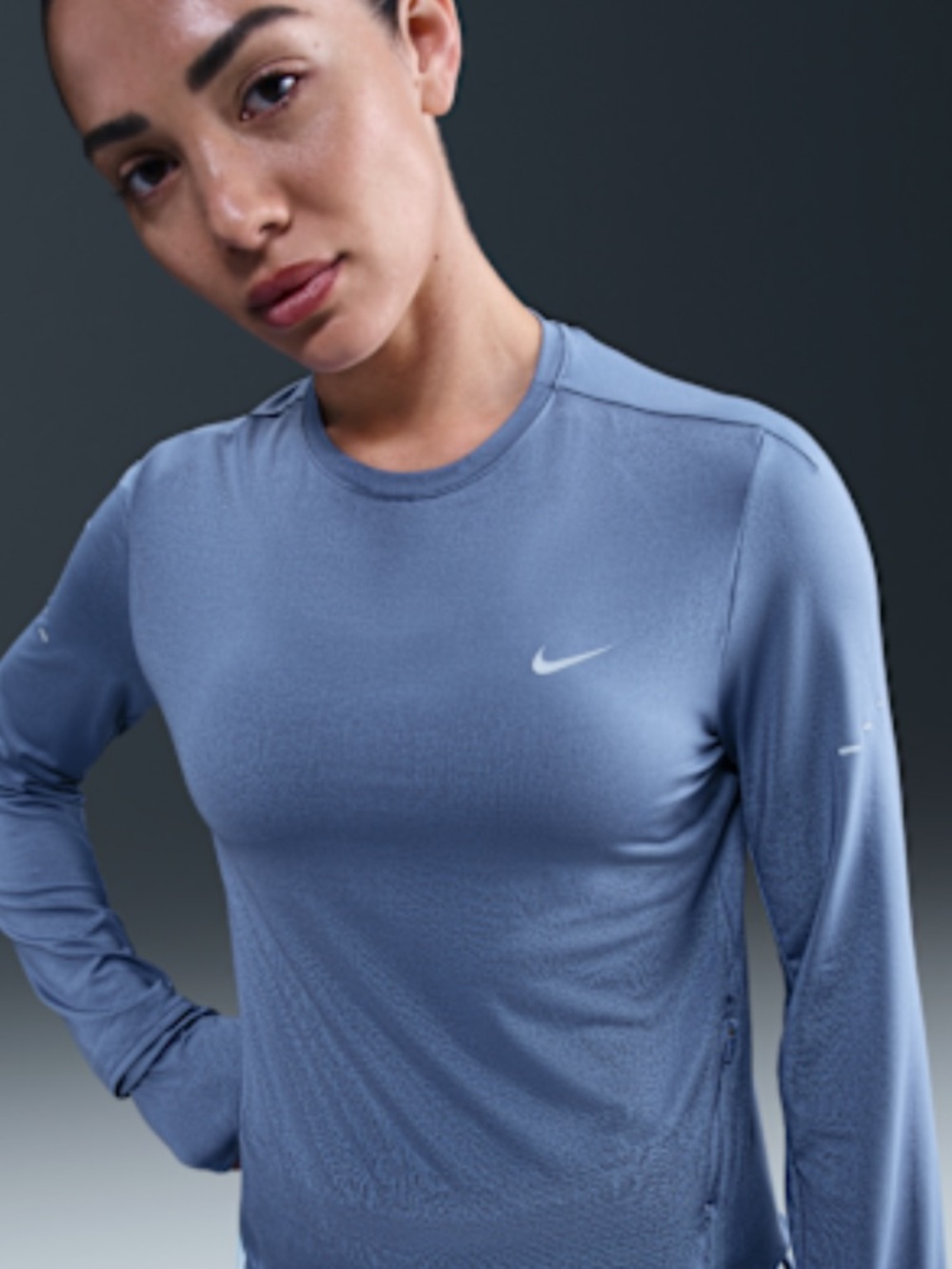 Nike Women's Long-Sleeve Scoop Neck Top - Dusty Blue with Light Swoosh